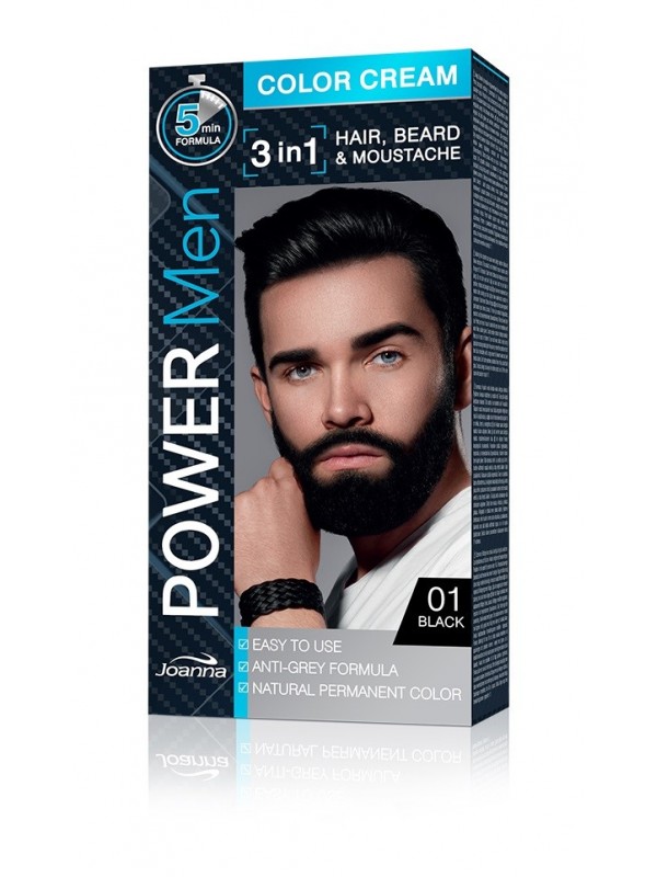 Joanna Power Men Cream Color 3w1 - męska farba do włosów, brody oraz wąsów - /01/ Black