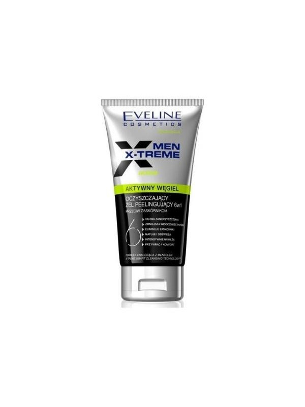 Eveline Men X-Treme 6w1 Aktywny Węgiel oczyszczający Żel peelingujący do mycia twarzy 150 ml