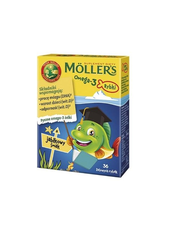 Moller's Omega-3 Norwegian fish oil with apple flavor dietary supplement of 36 gel fish