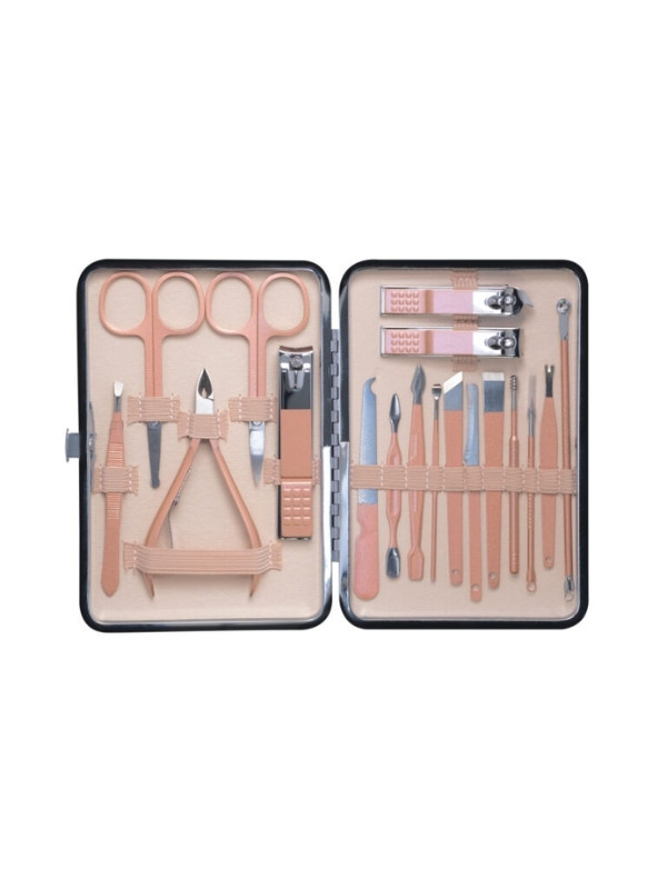 A set of 18 cosmetic accessories for manicures, pedicure and facial treatments in a case