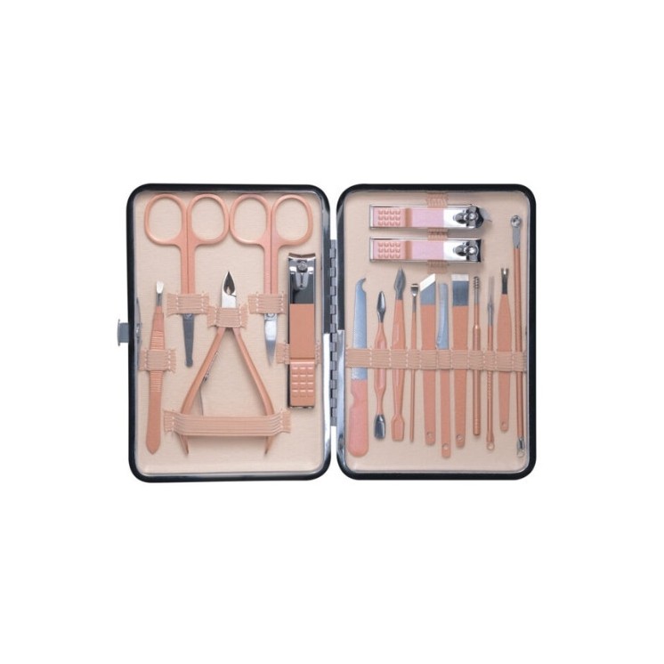 A set of 18 cosmetic accessories for manicures, pedicure and facial treatments in a case