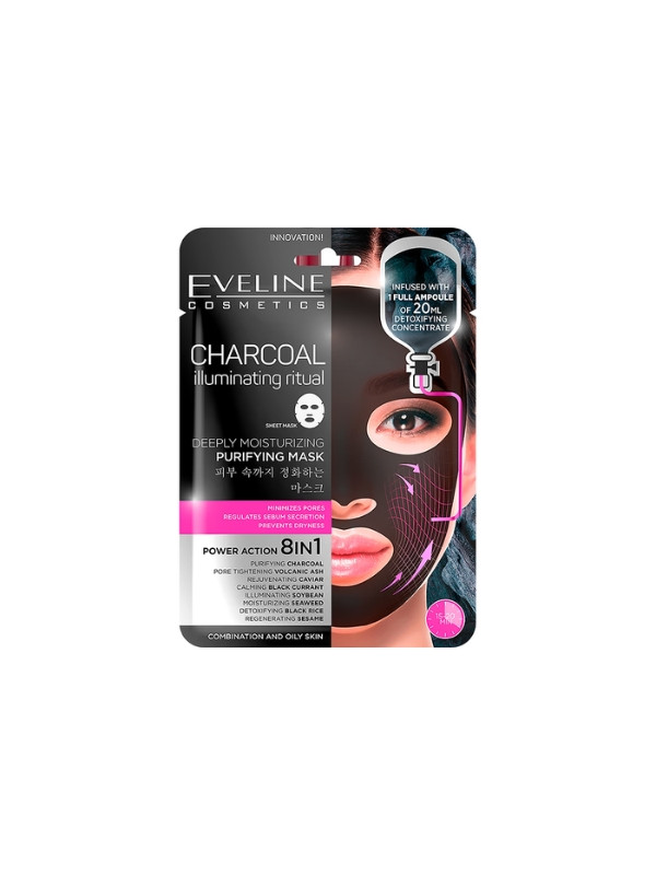 Eveline Charcoal 8in1 Cleansing face mask in a sheet, 1 piece