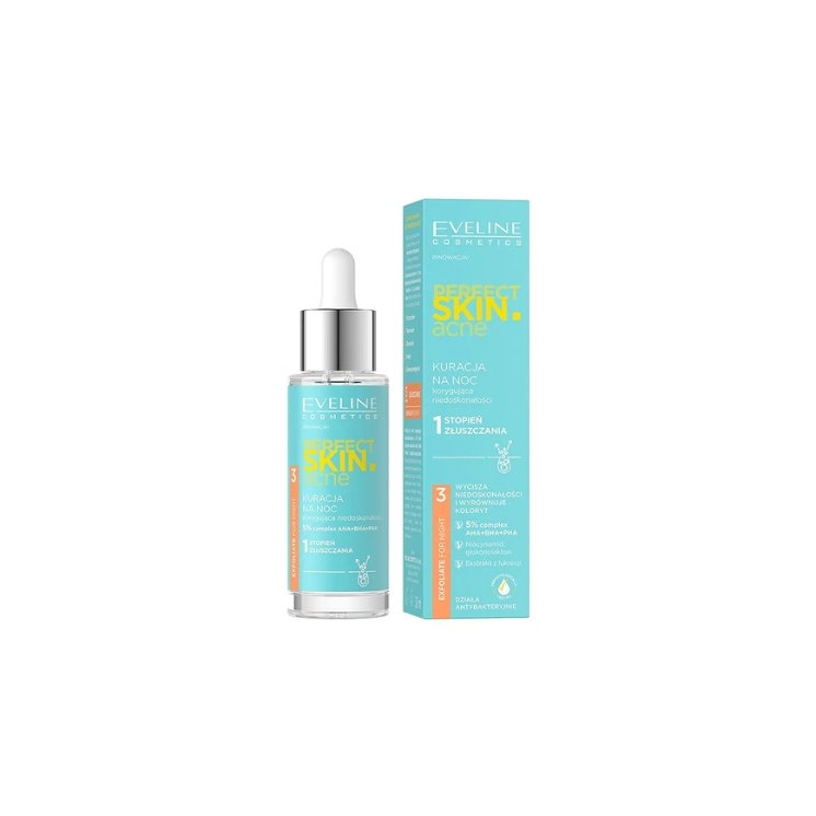Eveline Perfect Skin Acne Kuracja do twarzy na noc korygująca niedoskonałości 1 stopień złuszczania 30 ml