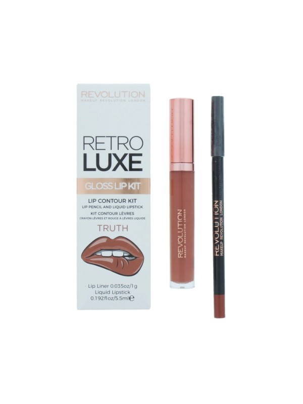 Makeup Revolution Retro Luxe Gloss Kit Zestaw do makijażu ust Truth: Błyszczyk 5,5 ml + Kredka do ust 1 g