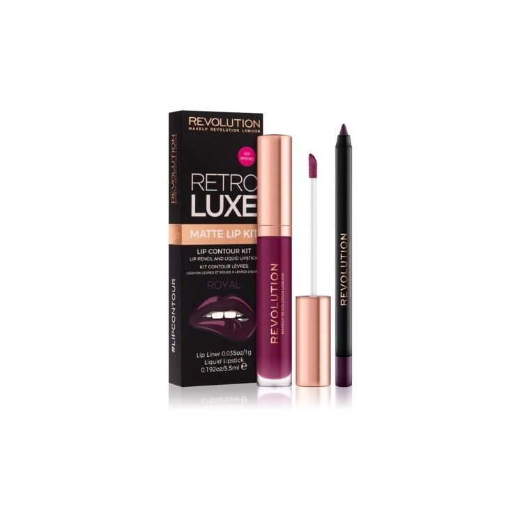 Makeup Revolution Retro Luxe Matte Kit Zestaw do makijażu ust Royal: Błyszczyk 5,5 ml + Kredka do ust 1 g
