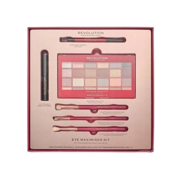 Makeup Revolution Zestaw prezentowy Eye Maximiser Kit: Paletka cieni do powiek, Kredka do oczu, Baza pod cienie i 3 Pędzle do ma