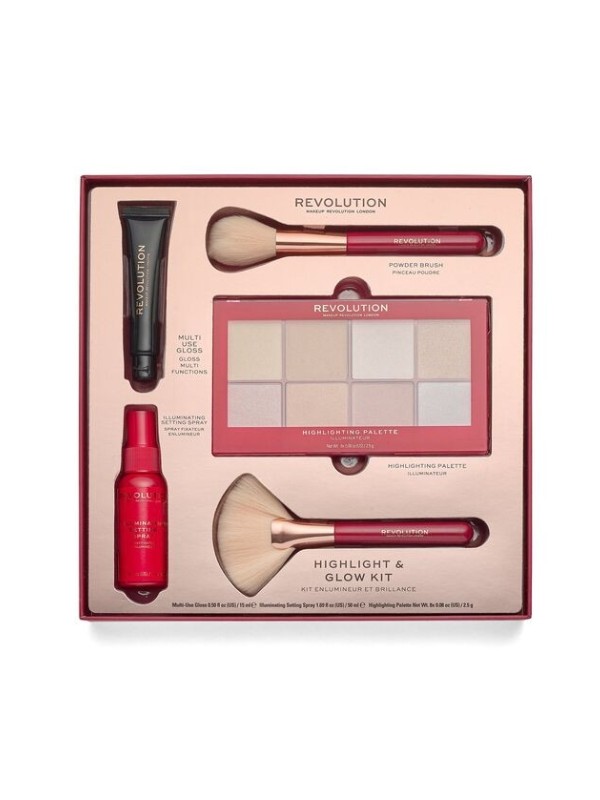 Revolution Highlight Glow Kit: Palette of 8 highlighters, setting spray, lip gloss and 2 makeup brushes