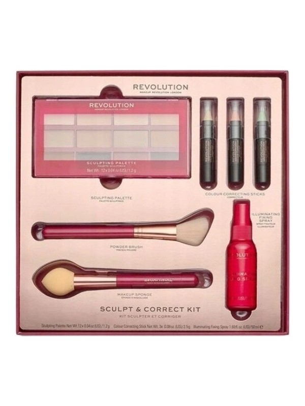 makeup Revolution Sculpt Correct Kit Gift Set: Contour Palette, Concealers in 3 shades, Fixer and 2 Powder Brushes